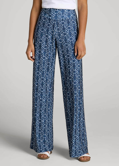 Pull-On Breezy Wide Leg Pants for Tall Women in Indigo Tribal Print