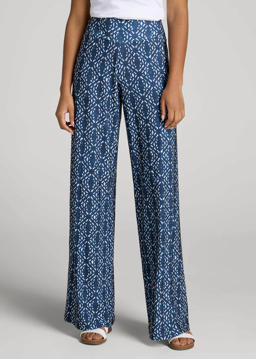 Pull-On Breezy Wide Leg Pants for Tall Women in Indigo Tribal Print