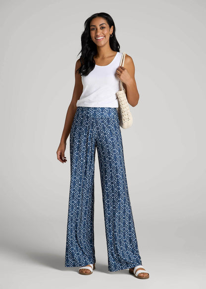 Pull-On Breezy Wide Leg Pants for Tall Women in Indigo Tribal Print