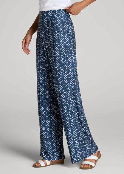 Pull-On Breezy Wide Leg Pants for Tall Women in Indigo Tribal Print