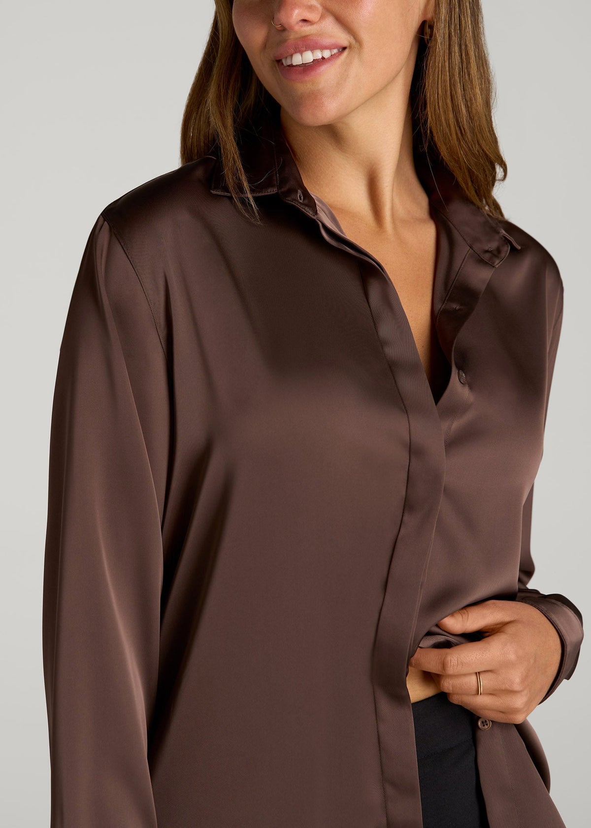 Relaxed Button-Up Blouse for Tall Women in Chocolate Mocha