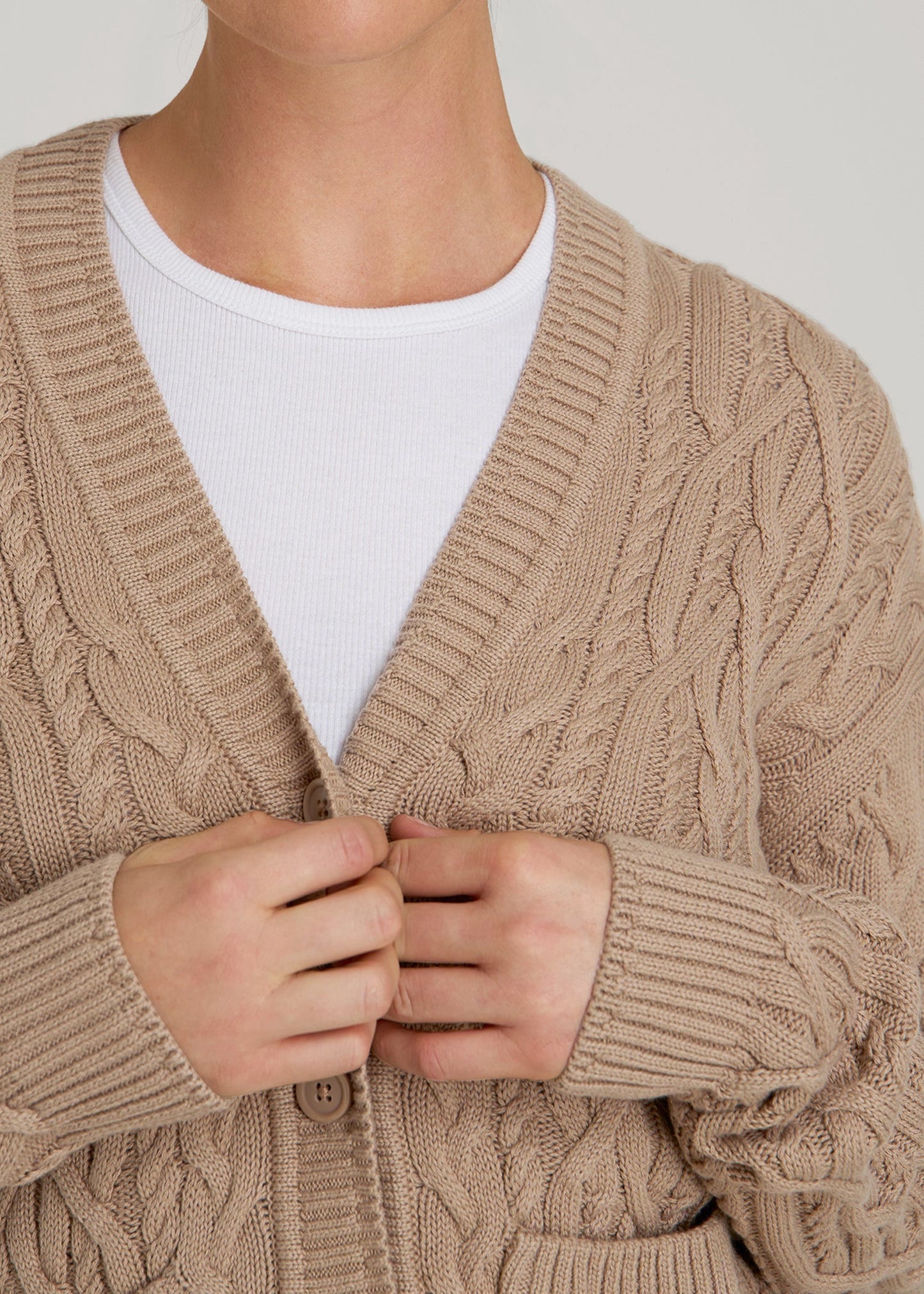 Relaxed Cotton Cable Knit Cardigan for Tall Women in Stucco