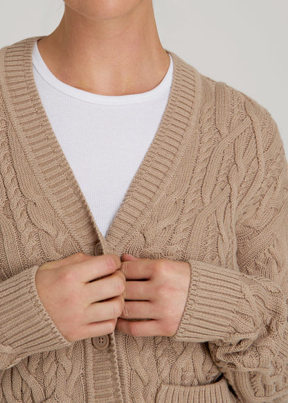 Relaxed Cotton Cable Knit Cardigan for Tall Women in Stucco