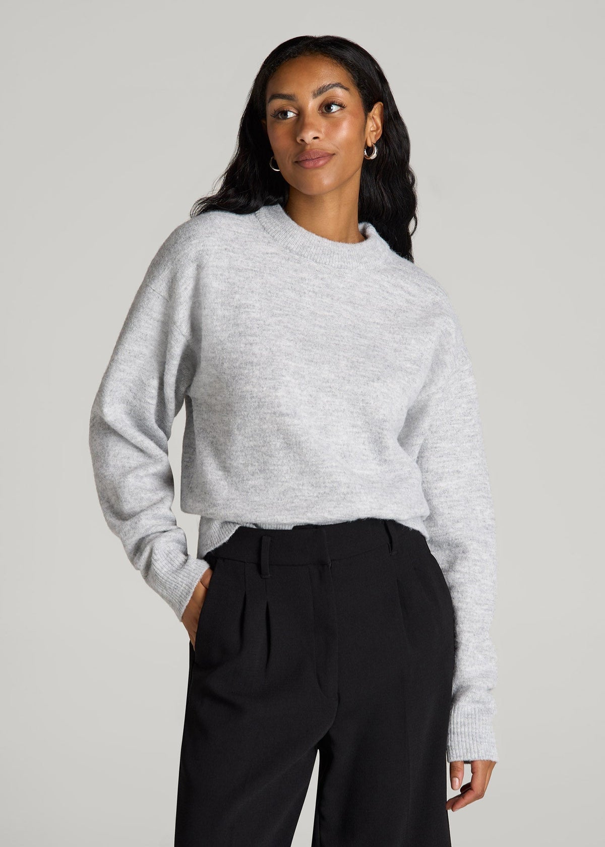 Relaxed Crewneck Wool Blend Sweater for Tall Women in Grey Mix