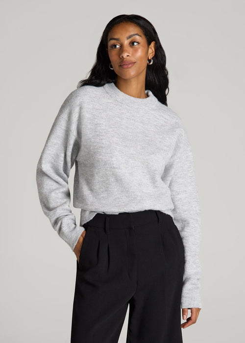 Relaxed Crewneck Wool Blend Sweater for Tall Women in Grey Mix