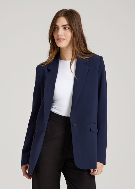 Boyfriend Fit Single-Button Blazer for Tall Women in Navy