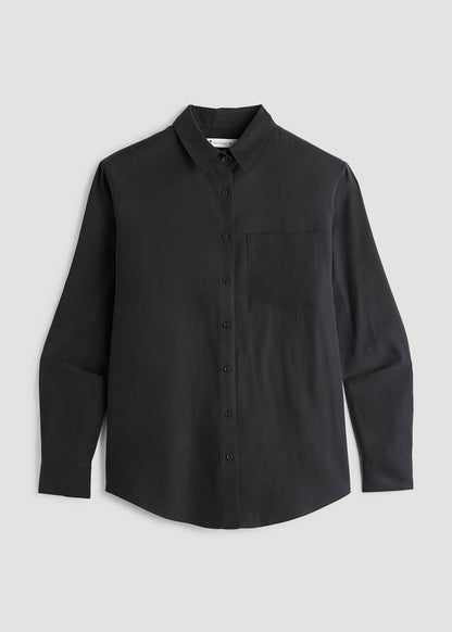 Relaxed Button-Up Single-Pocket Blouse for Tall Women in Vintage Black