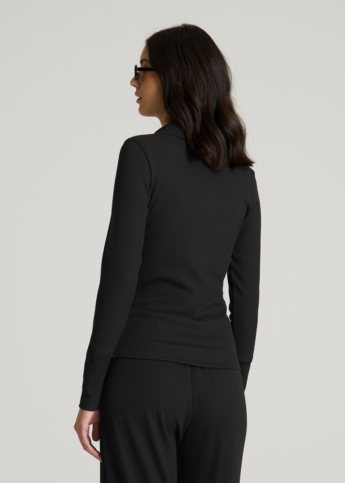 Ribbed Knit Long Sleeve Polo for Tall Women in Deep Black