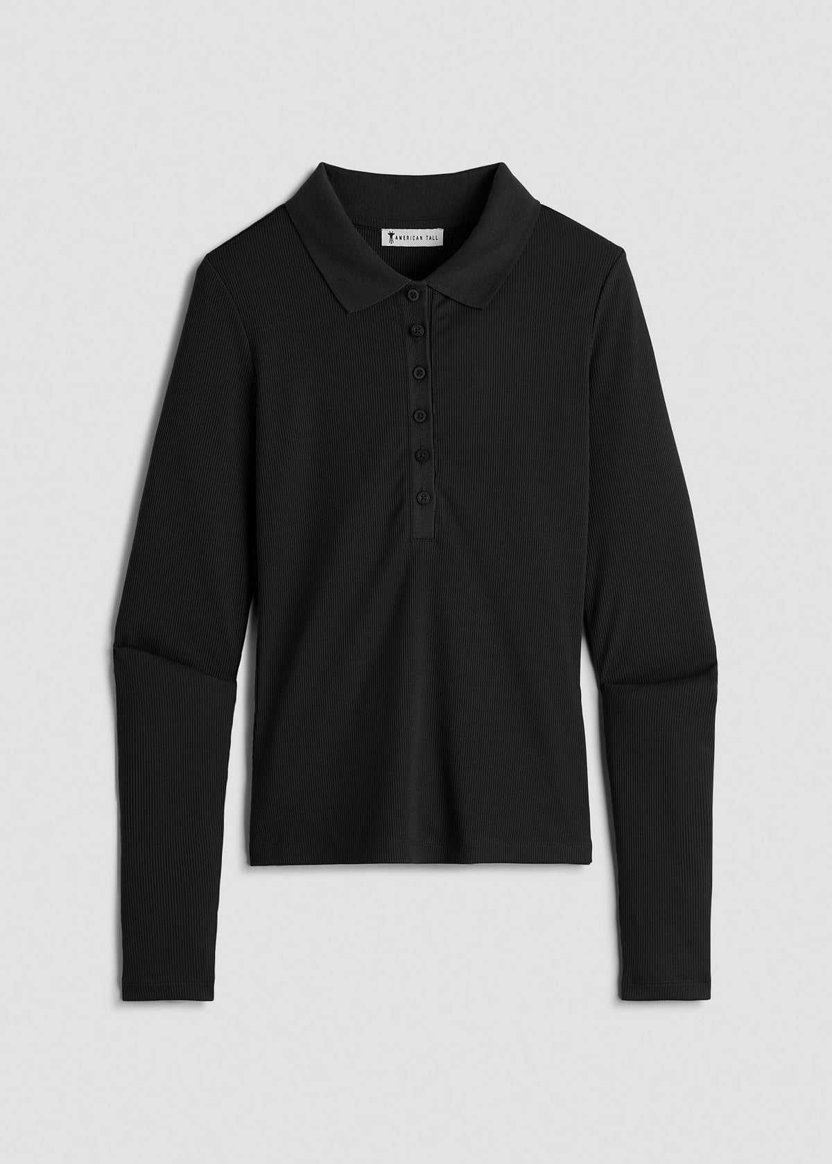 Ribbed Knit Long Sleeve Polo for Tall Women in Deep Black
