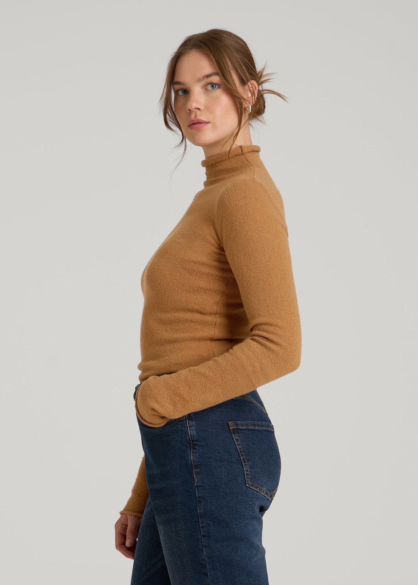 Rolled Mock Neck Sweater for Tall Women in Caramel
