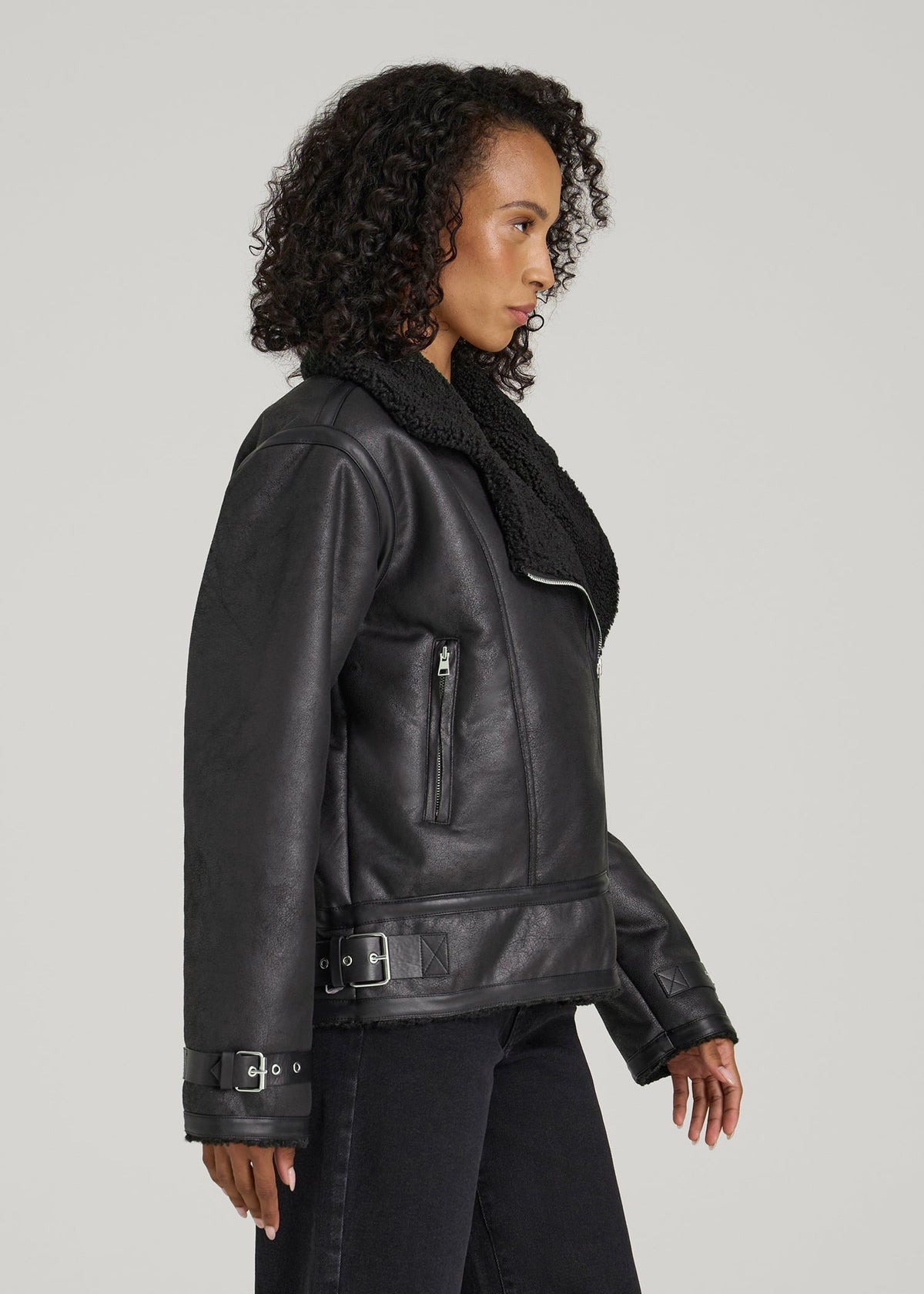 Shearling Moto Jacket for Tall Women in Black