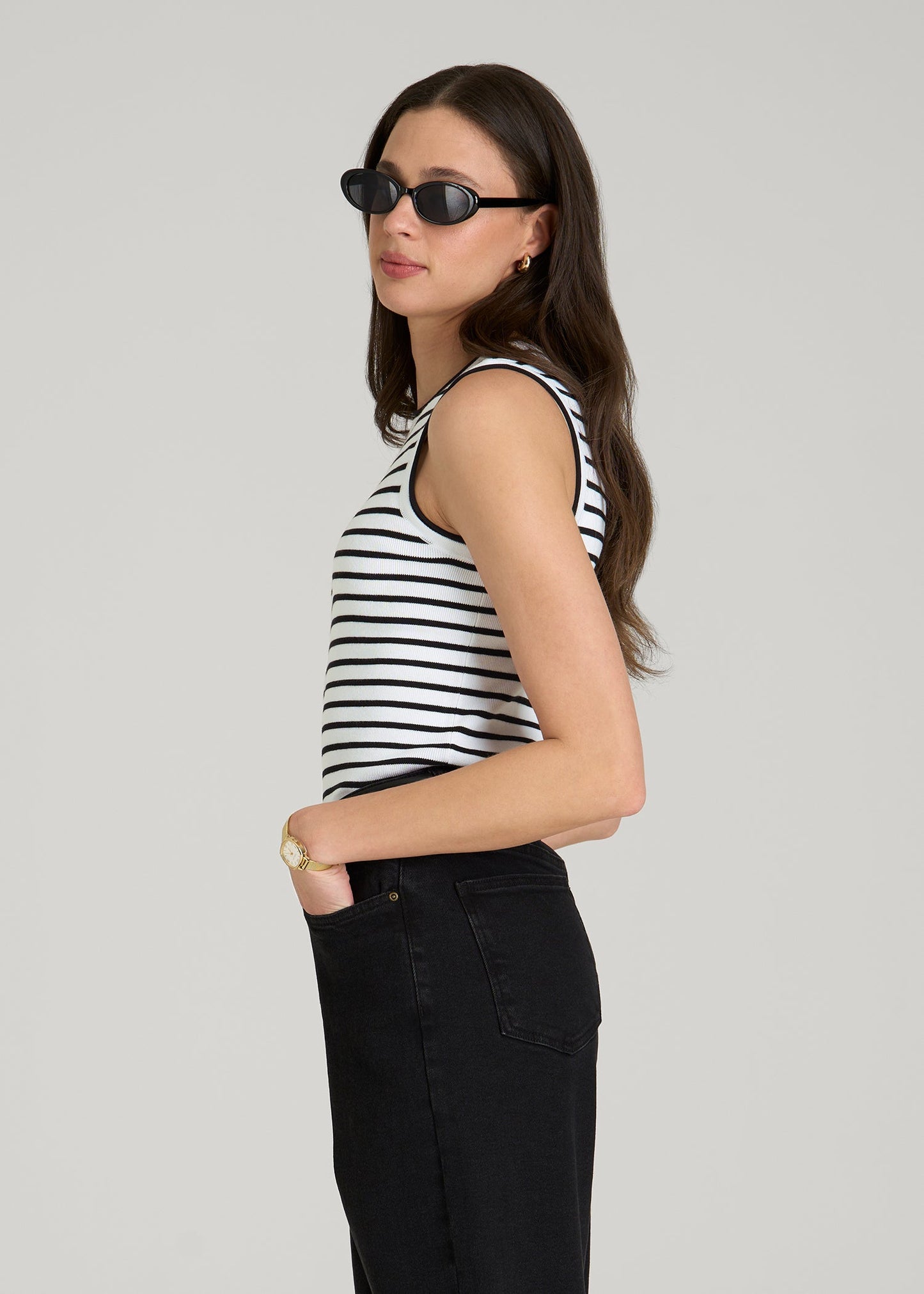 Sleeveless Knit Top for Tall Women in Bold Black Stripe