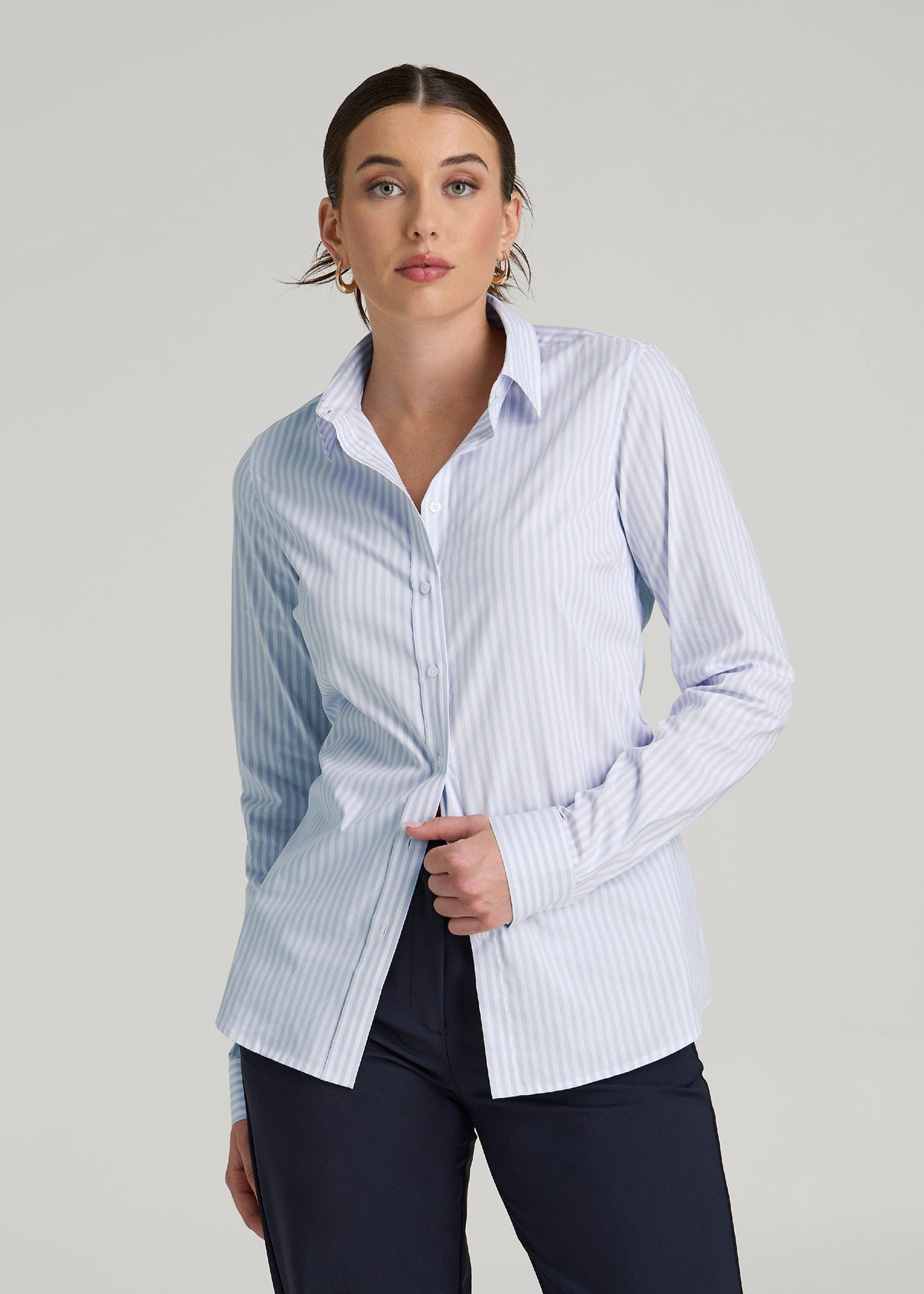 Slim Fit Button Up Shirt for Tall Women in Light Blue Stripe