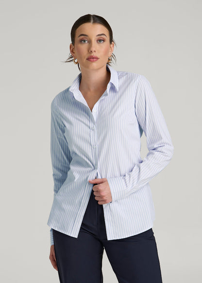 Slim Fit Button Up Shirt for Tall Women in Light Blue Stripe
