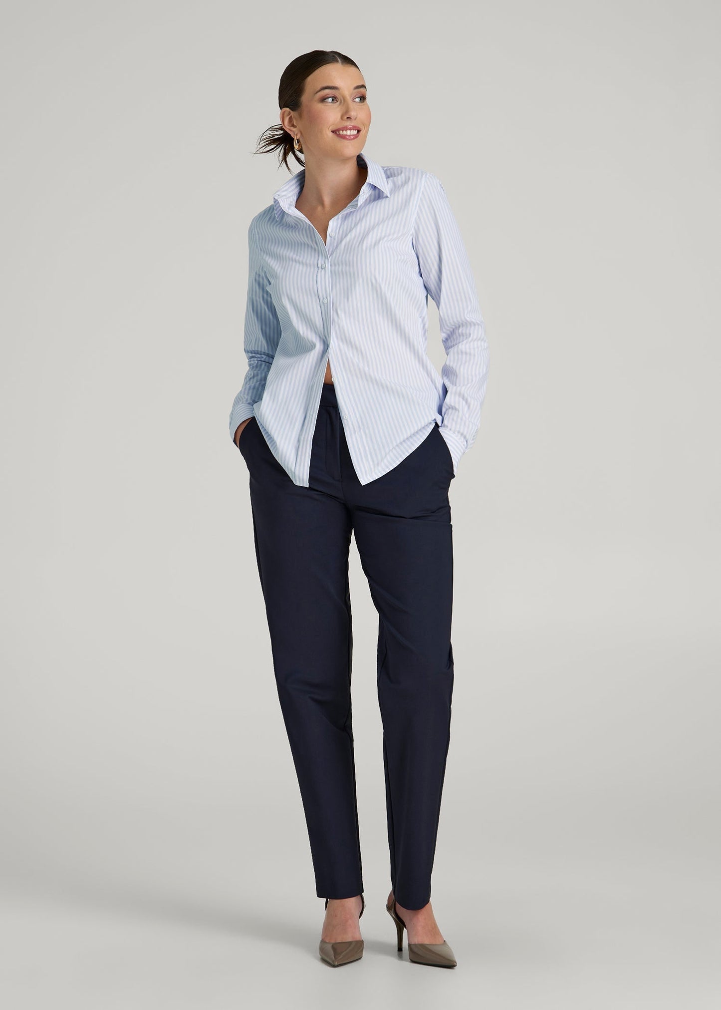 Slim Fit Button Up Shirt for Tall Women in Light Blue Stripe
