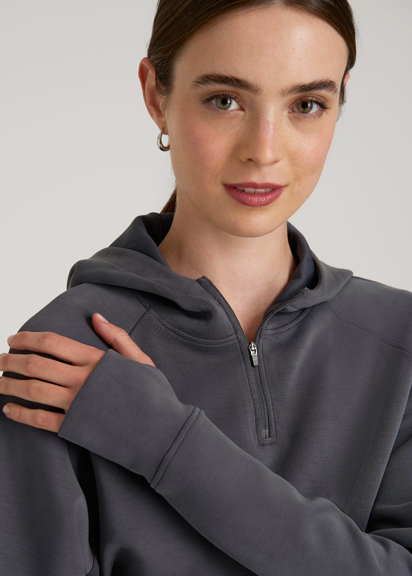 Soft Motion Cropped Zip Up Hoodie for Tall Women in Charcoal Rinse