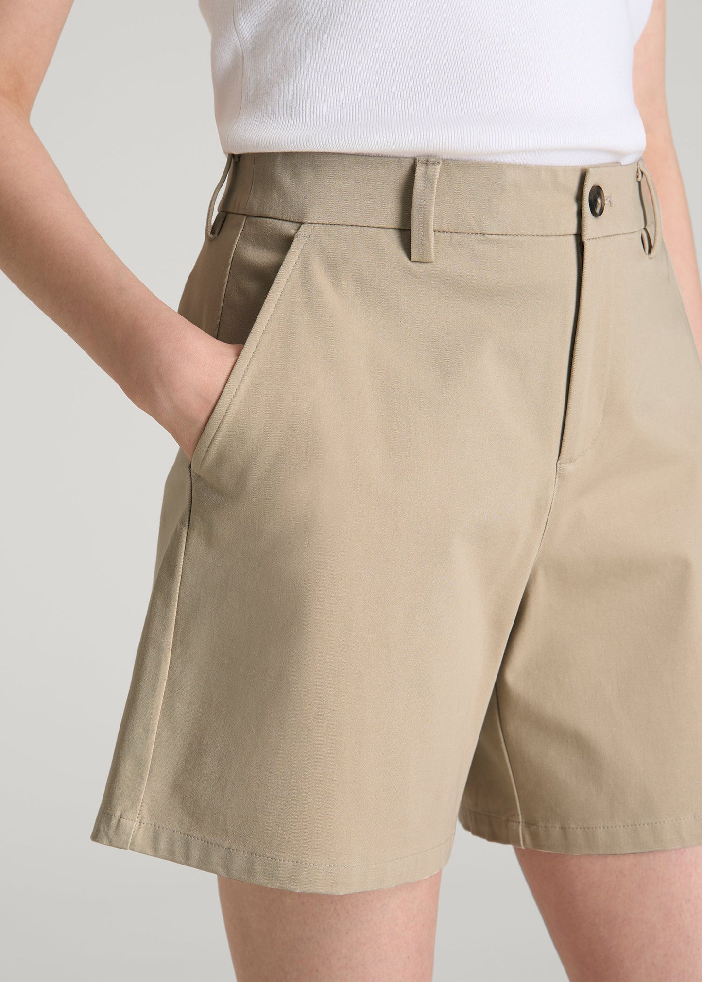 Stretch Commuter Chino Shorts for Tall Women in Warm Taupe
