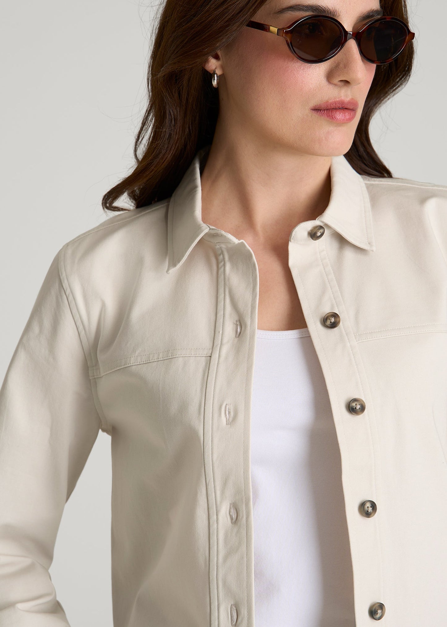 Stretch Commuter Military Cropped Cargo Jacket for Tall Women in White Sand