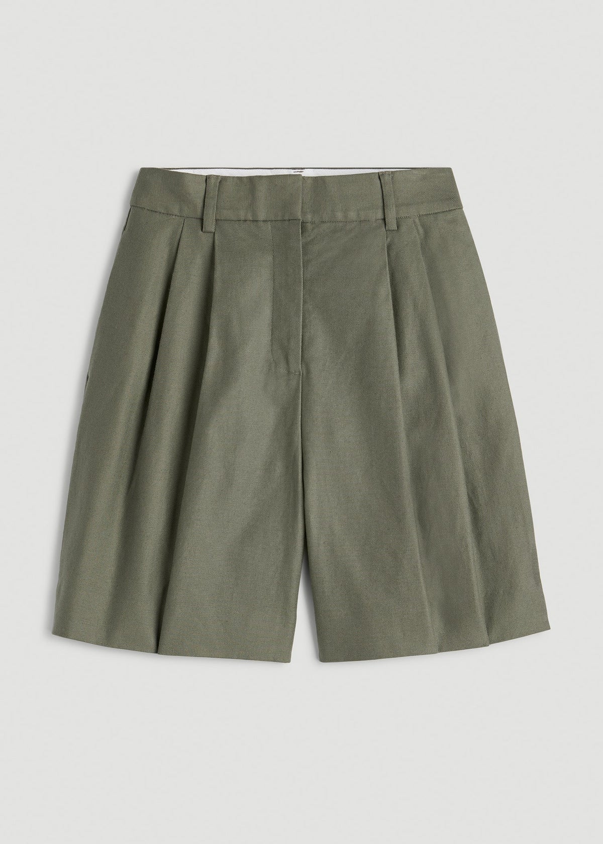 Stretch Cotton Linen Blend Pleated Shorts for Tall Women in Olive