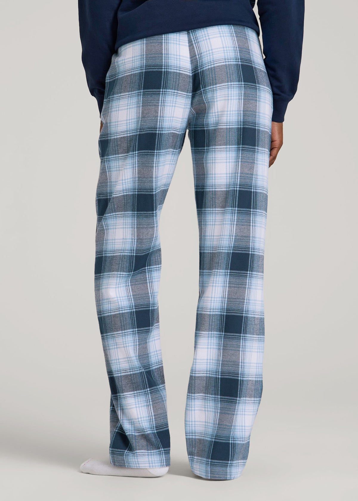 Tie Waist Flannel Pajama Pants for Tall Women in Blue and White Plaid