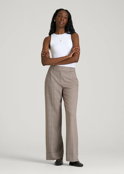 Wide-Leg Cuffed Pants for Tall Women in Espresso and Magenta Houndstooth