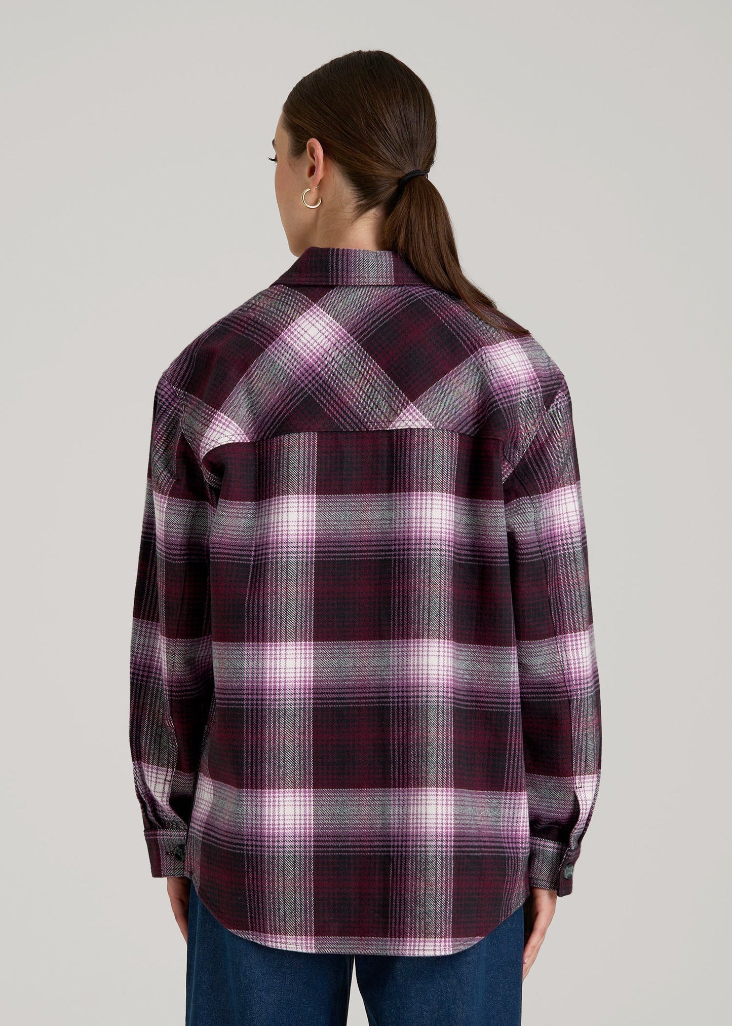 Flannel Shacket for Tall Women in Tawny Port Plaid