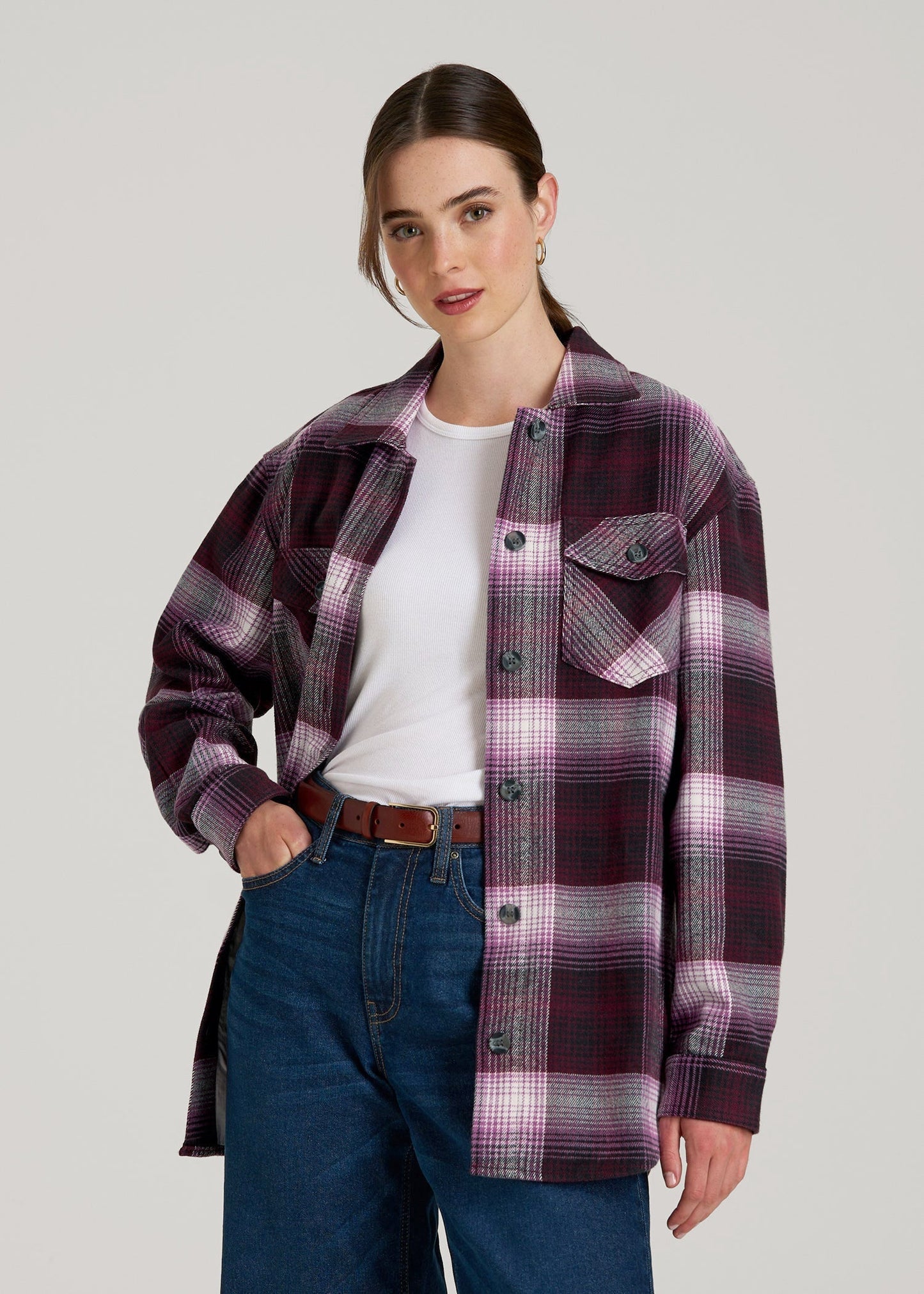 Flannel Shacket for Tall Women in Tawny Port Plaid