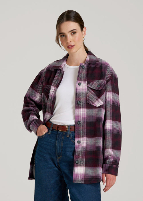 Flannel Shacket for Tall Women in Tawny Port Plaid