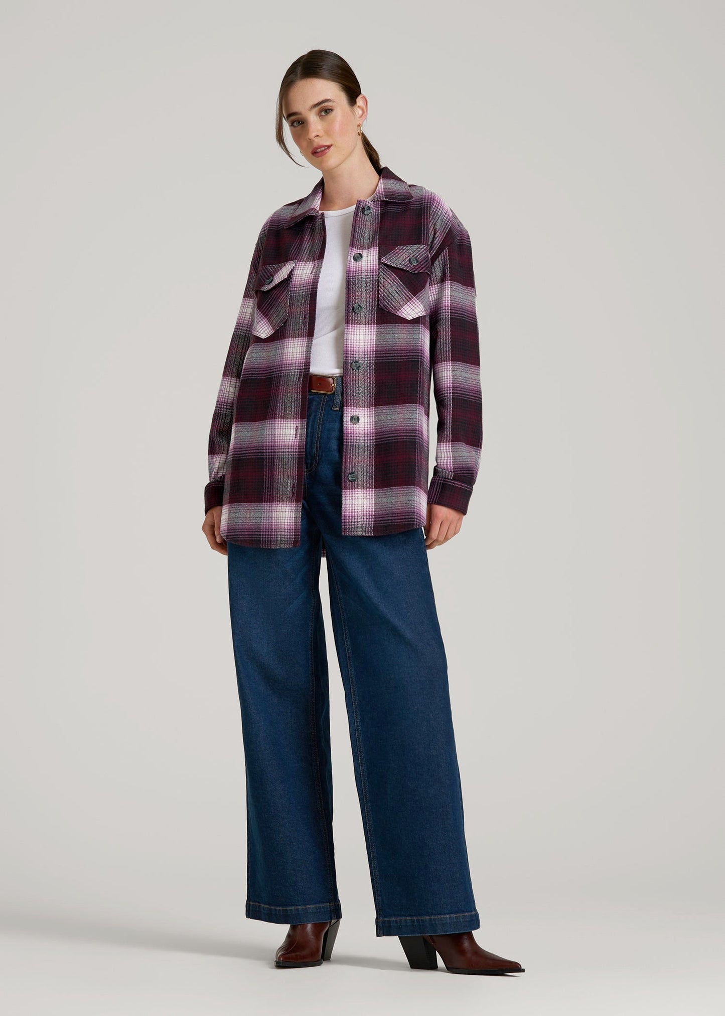 Flannel Shacket for Tall Women in Tawny Port Plaid