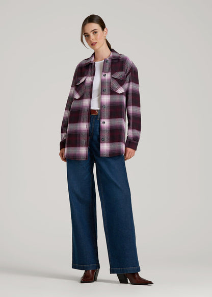 Flannel Shacket for Tall Women in Tawny Port Plaid