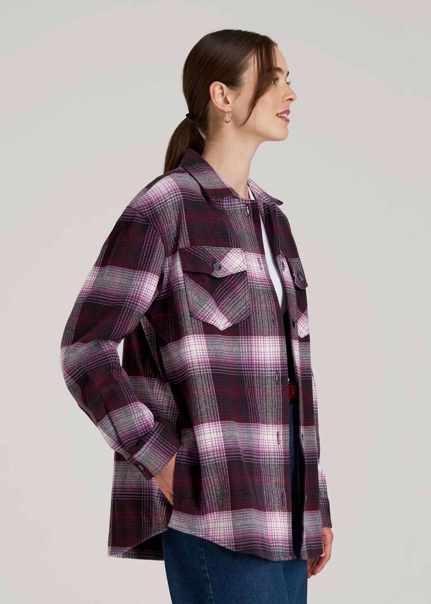 Flannel Shacket for Tall Women in Tawny Port Plaid