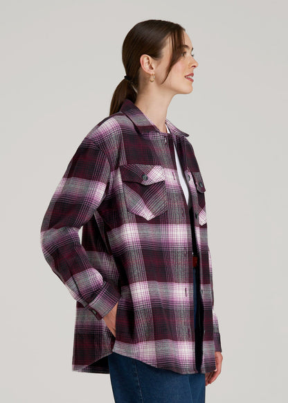 Flannel Shacket for Tall Women in Tawny Port Plaid