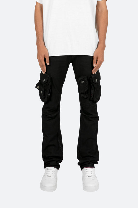 B357 Waxed Cargo Flare Denim - Black