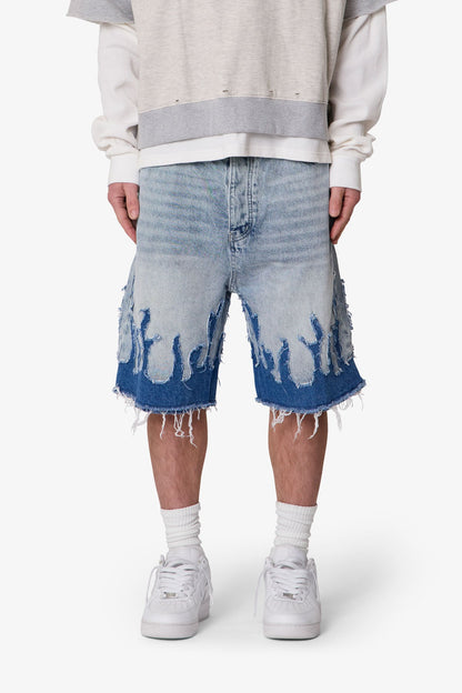 Baggy Flame Denim Shorts - Blue