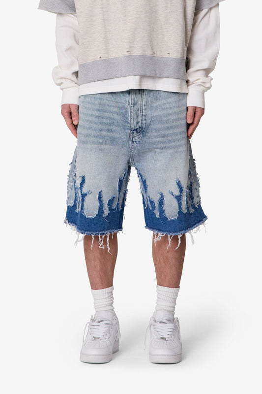 Baggy Flame Denim Shorts - Blue
