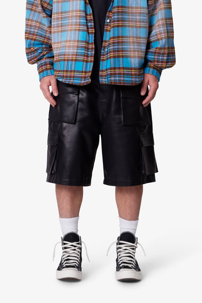 Baggy Leather Cargo Shorts - Black
