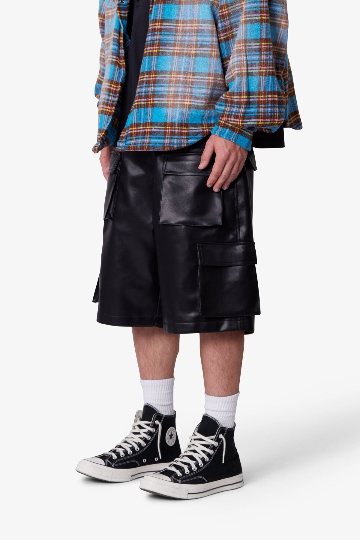 Baggy Leather Cargo Shorts - Black