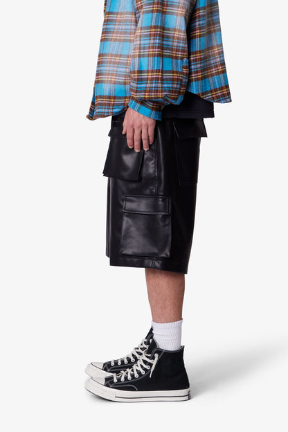 Baggy Leather Cargo Shorts - Black