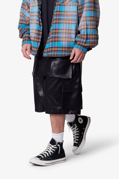 Baggy Leather Cargo Shorts - Black