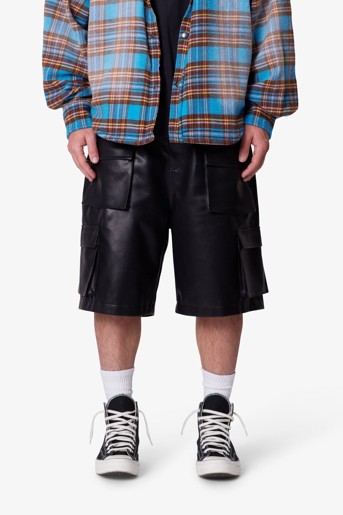 Baggy Leather Cargo Shorts - Black