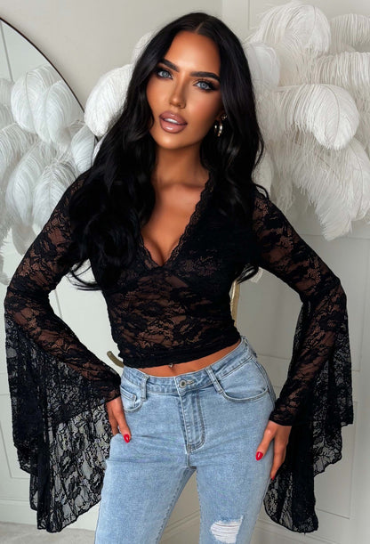 Darling Divinity Black Lace Dramatic Flare Sleeve Top