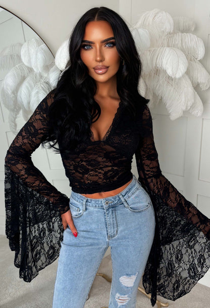 Darling Divinity Black Lace Dramatic Flare Sleeve Top