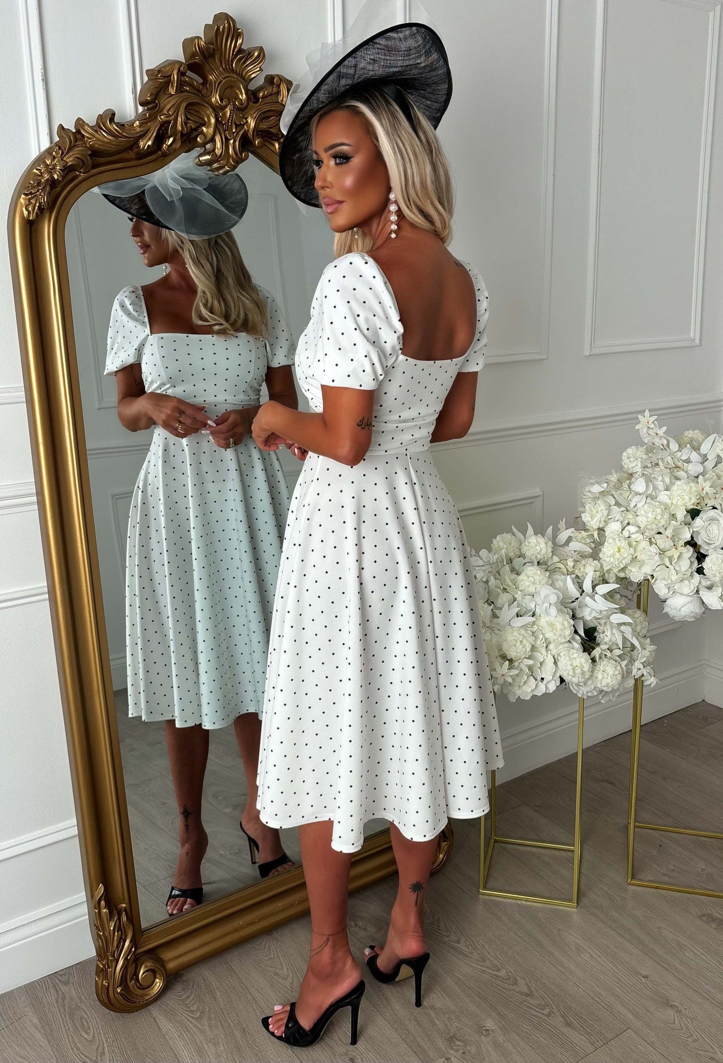 Delilah White Polka Dot Short Sleeve Midi Dress