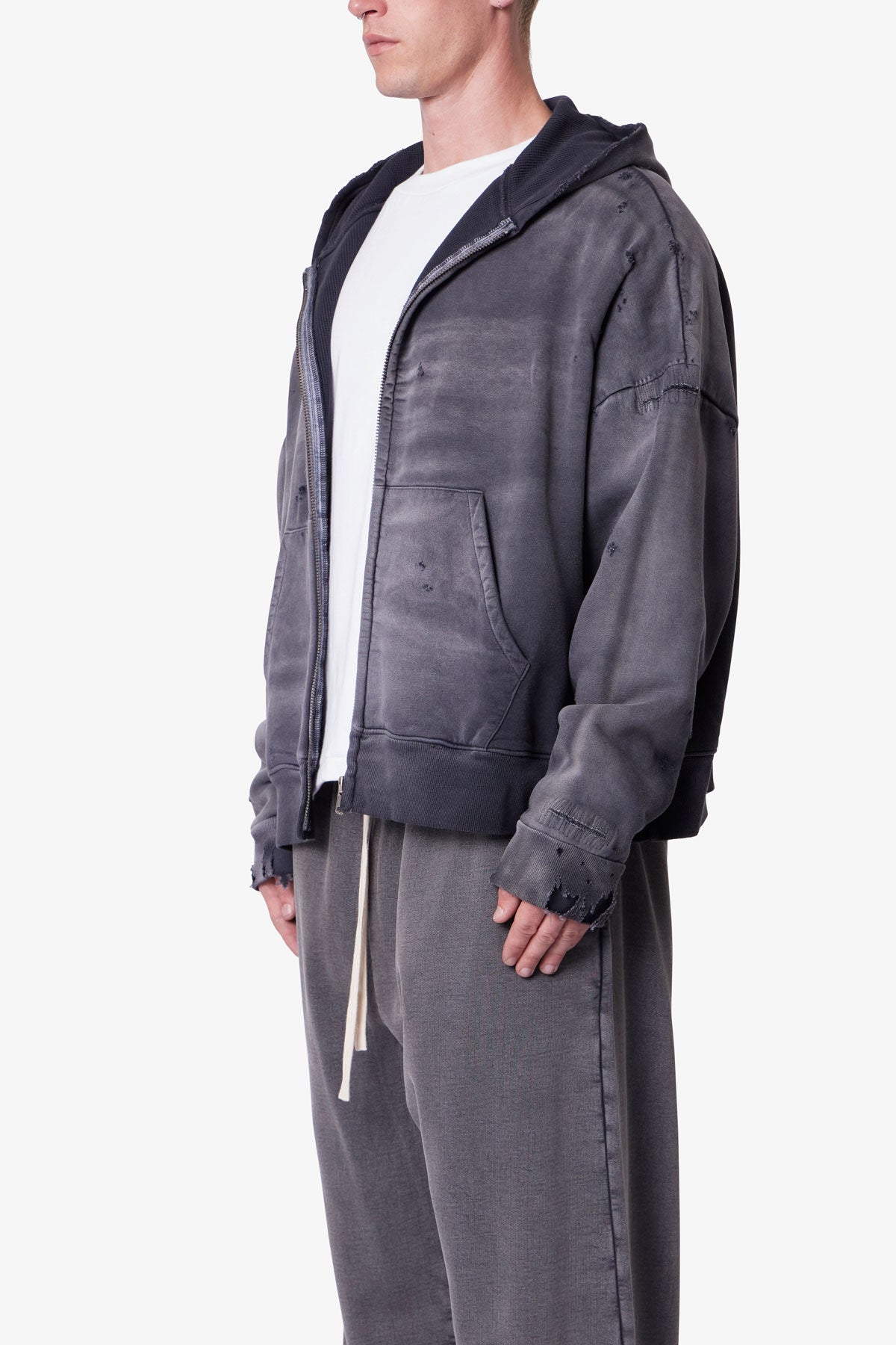 Distressed Thermal Lined Hoodie - Black