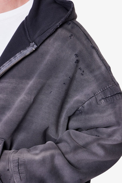 Distressed Thermal Lined Hoodie - Black