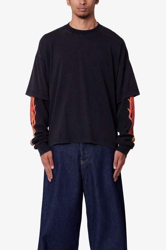 Double Layer Thermal Sleeve Tee - Washed Black