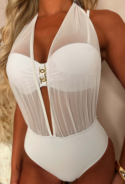 Coastal Desire White Mesh Halter Swimsuit