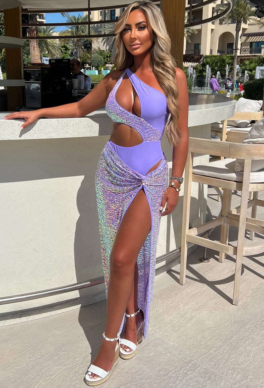 Bali Queen Lilac Full Sequin Knot Detail Maxi Skirt Cover Up
