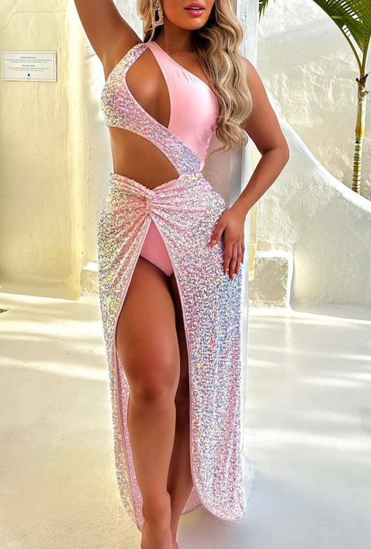 Bali Queen Baby Pink Knot Detail Sequin Maxi Skirt Cover Up