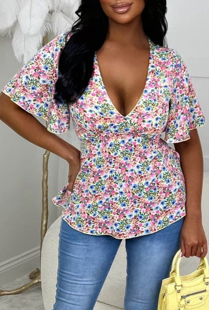 Divine Babe Multi Floral Print V-Neck Top